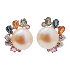 Pearls, Multicolor Sapphires, Diamonds, 14 Karat Rose Gold Earrings.
