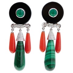 Vintage Green Agate, Malakite, Onyx, Coral, Diamonds, Platinum and Gold Dangle Earrings.