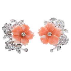Coral, Diamonds, 14 Karat White Gold Earrings.