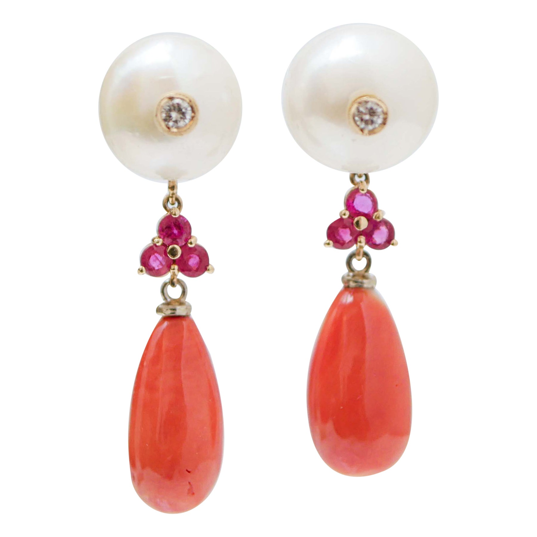Coral, Pearls, Rubies, Diamonds, 14 Karat Rose Gold Dangle Earrings. For Sale