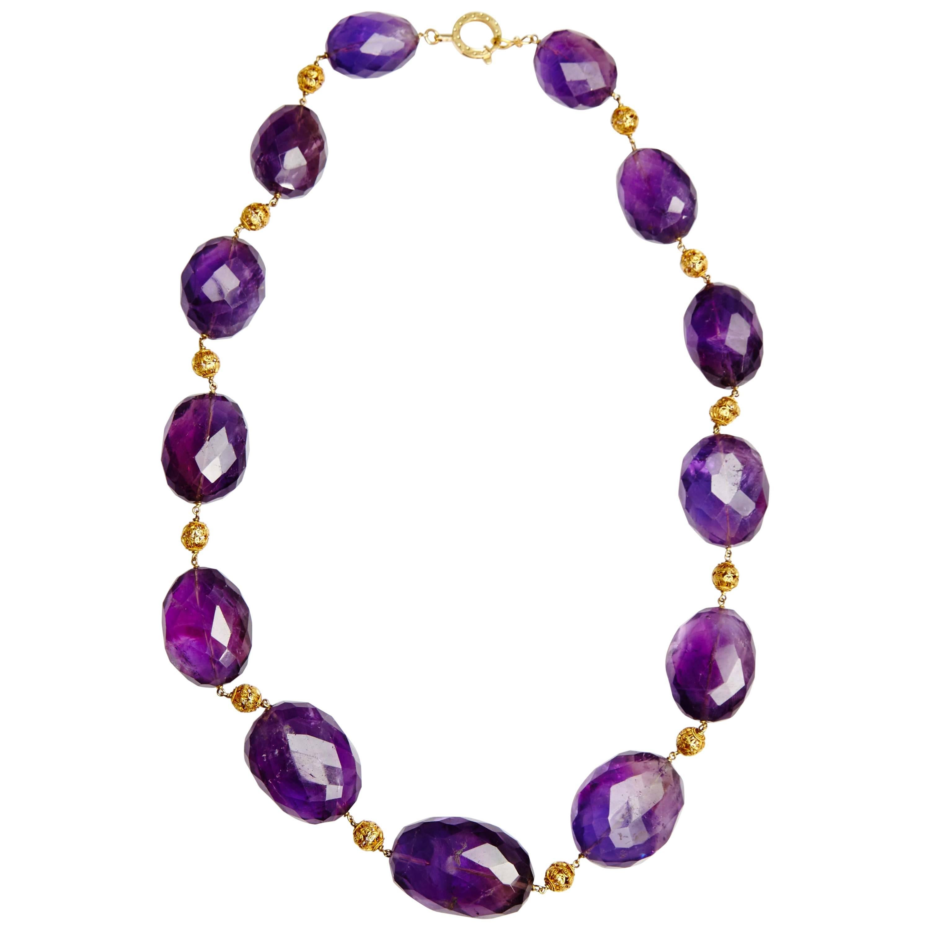 Retro Amethyst Beads Gold Necklace  For Sale