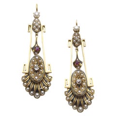 Antique Victorian Aesthetic Movement Gold, Pearl, Diamond, Enamel and Ruby Earrings