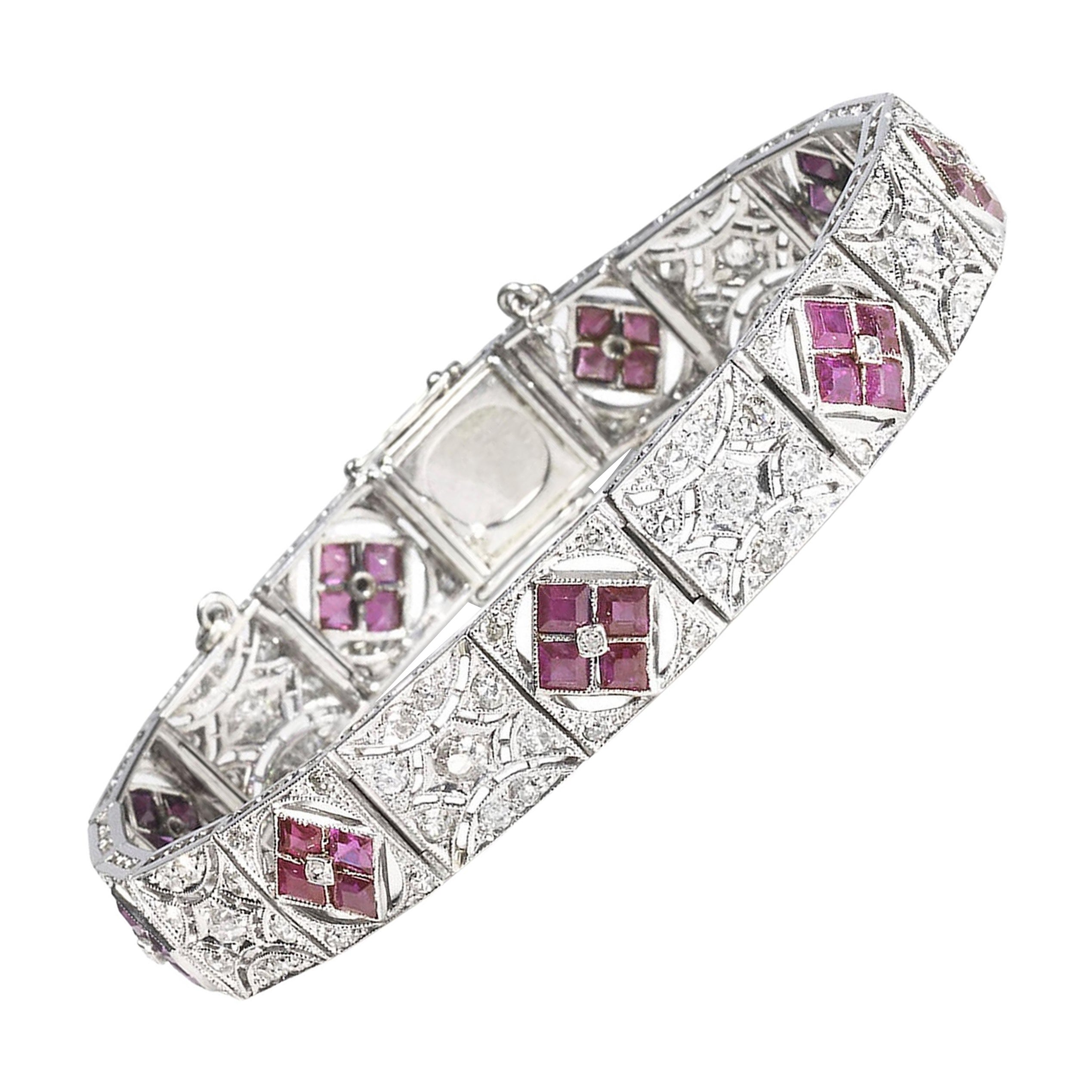 Art Deco Ruby, Diamond and Platinum Bracelet, Circa 1930 For Sale