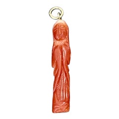 Coral Guan Yin Pendant Charm Vintage Art Deco 14 Karat Gold Necklace