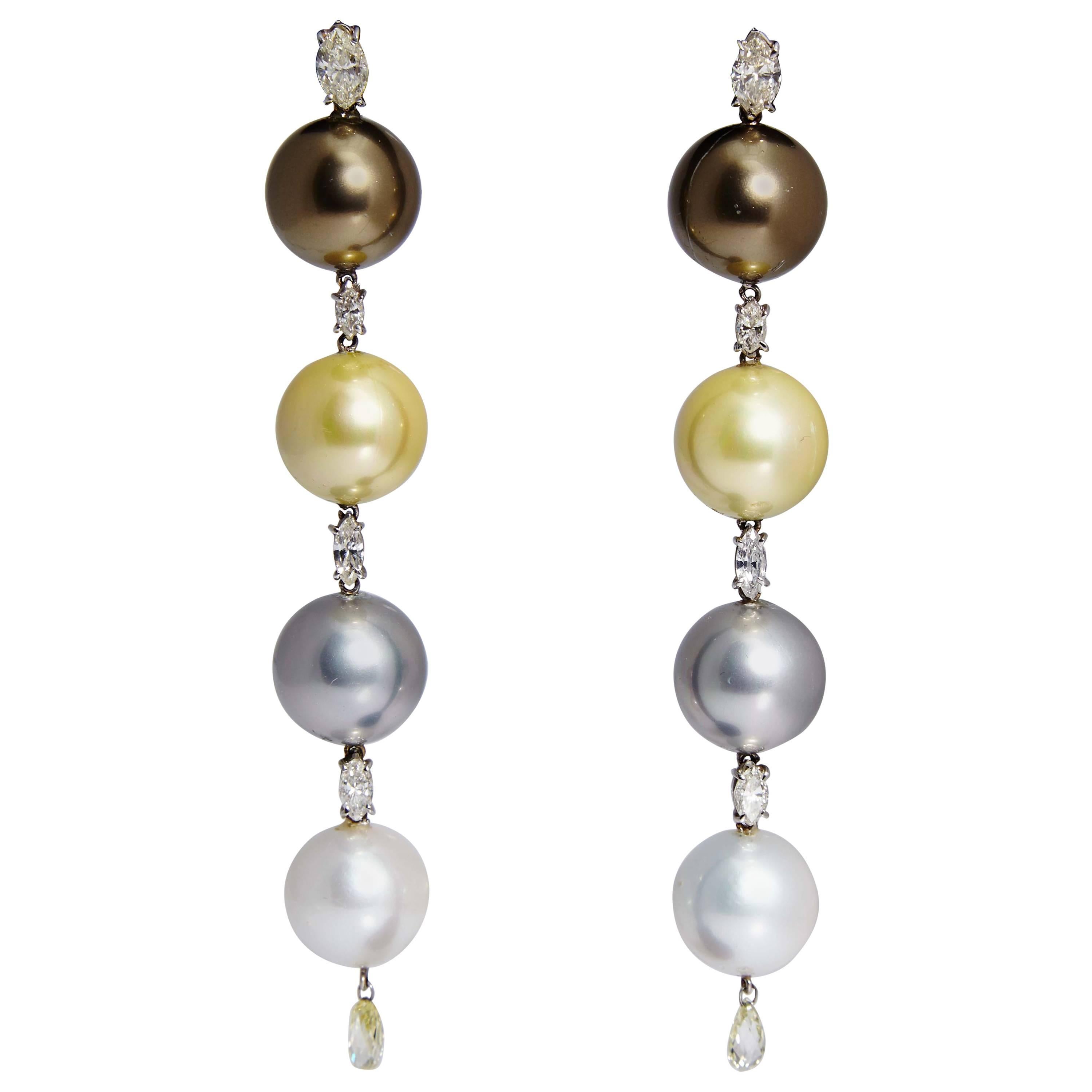 1980s Impressive Pearl Diamond Gold Ear Pendants  For Sale