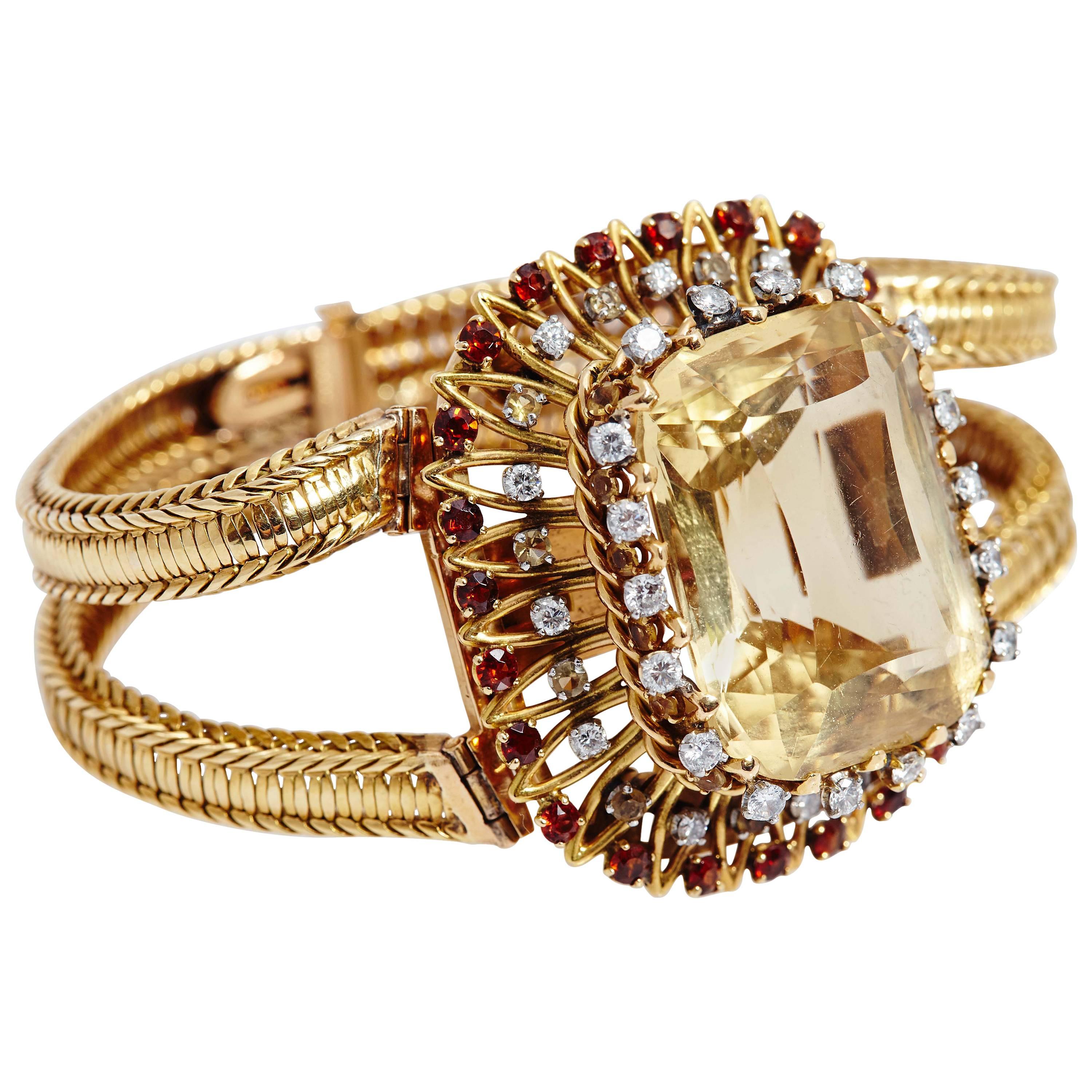1950s Pierre Sterle Retro Citrine Garnets Diamonds Gold Bracelet  For Sale