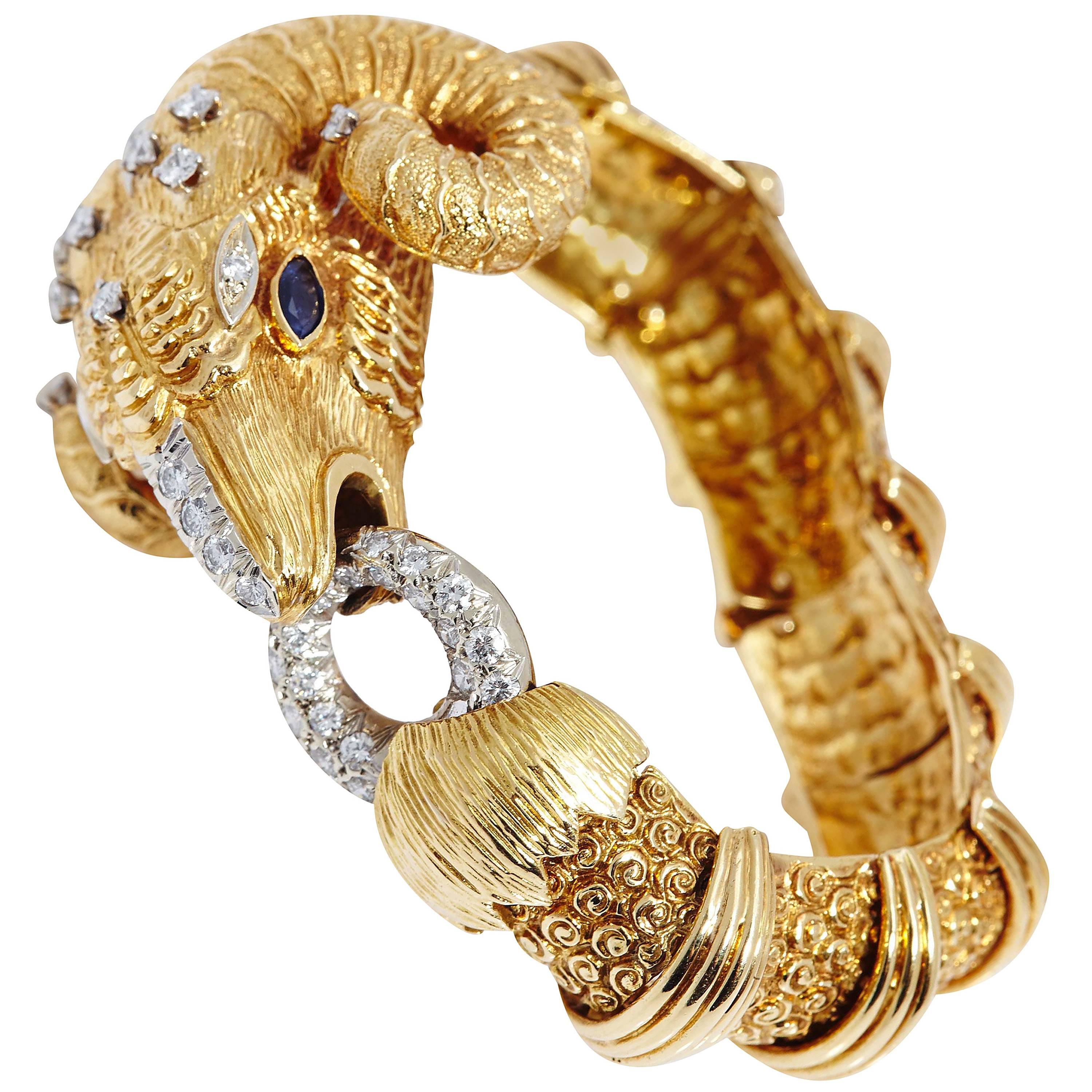 1970s Diamond Gold Ram's Head Bracelet For Sale