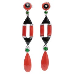 Retro Coral, Onyx, Tsavorite, Diamonds, Platinum Dangle Earrings.