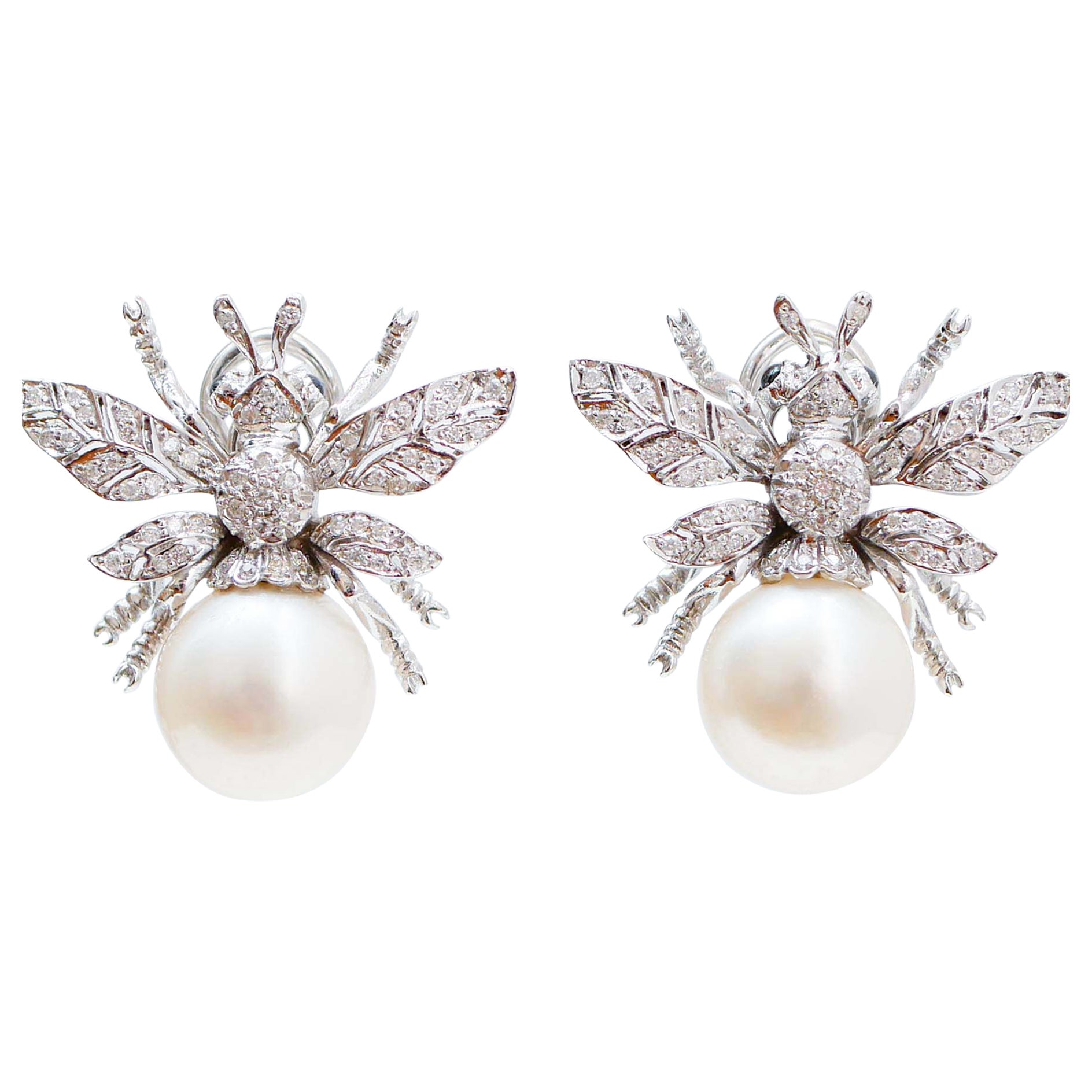 Sapphires, Diamonds, Pearls, 14 Karat White Gold Fly Earrings For Sale