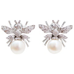 Sapphires, Diamonds, Pearls, 14 Karat White Gold Fly Earrings