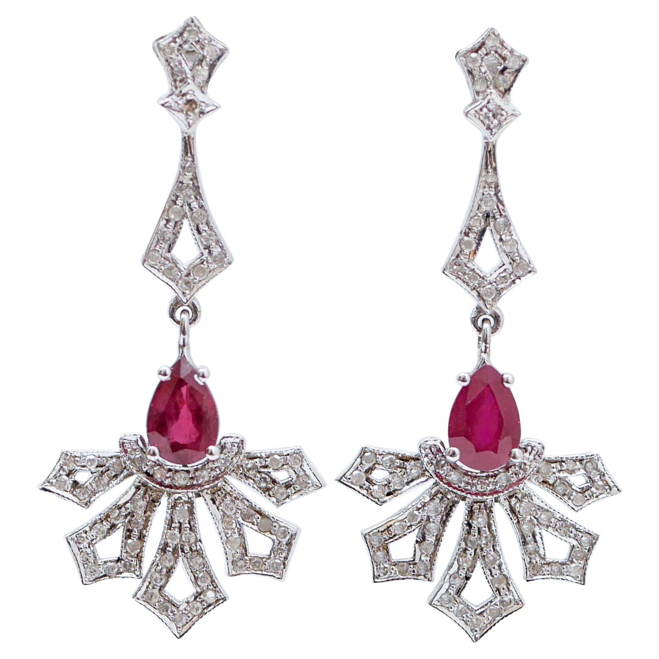 Rubies, Diamonds, 14 Karat White Gold Dangle Earrings.