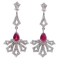 Vintage Rubies, Diamonds, 14 Karat White Gold Dangle Earrings.