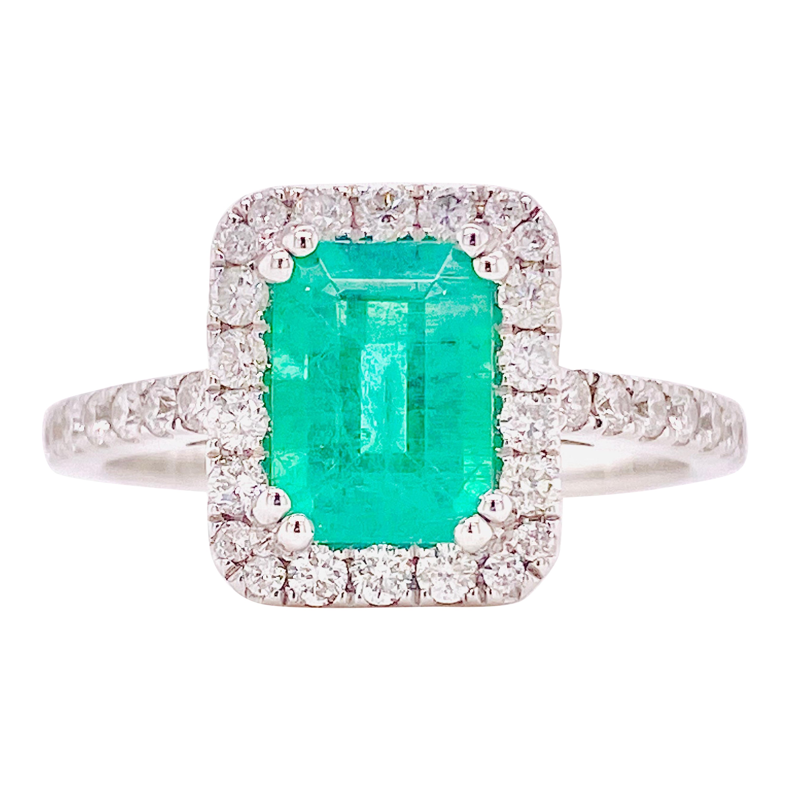 18k White Gold w 1.25 Carat Emerald & .50 Carat Diamond Halo Engagement Ring 18k For Sale