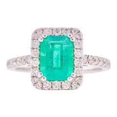 18k White Gold w 1.25 Carat Emerald & .50 Carat Diamond Halo Engagement Ring 18k