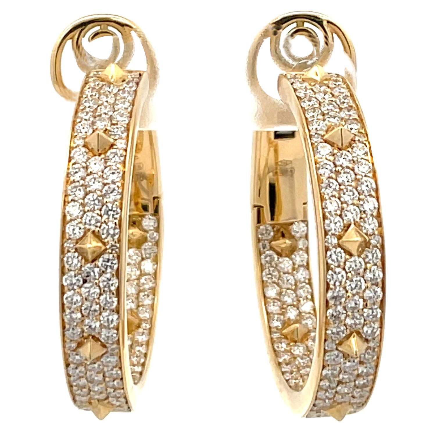 Italian Diamond Spike Hoop Earrings 2.60 Carats 18 Karat Yellow Gold F VS For Sale