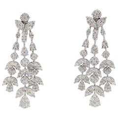 Floral White Diamond Round Dangle Earrings  in 18K White Gold