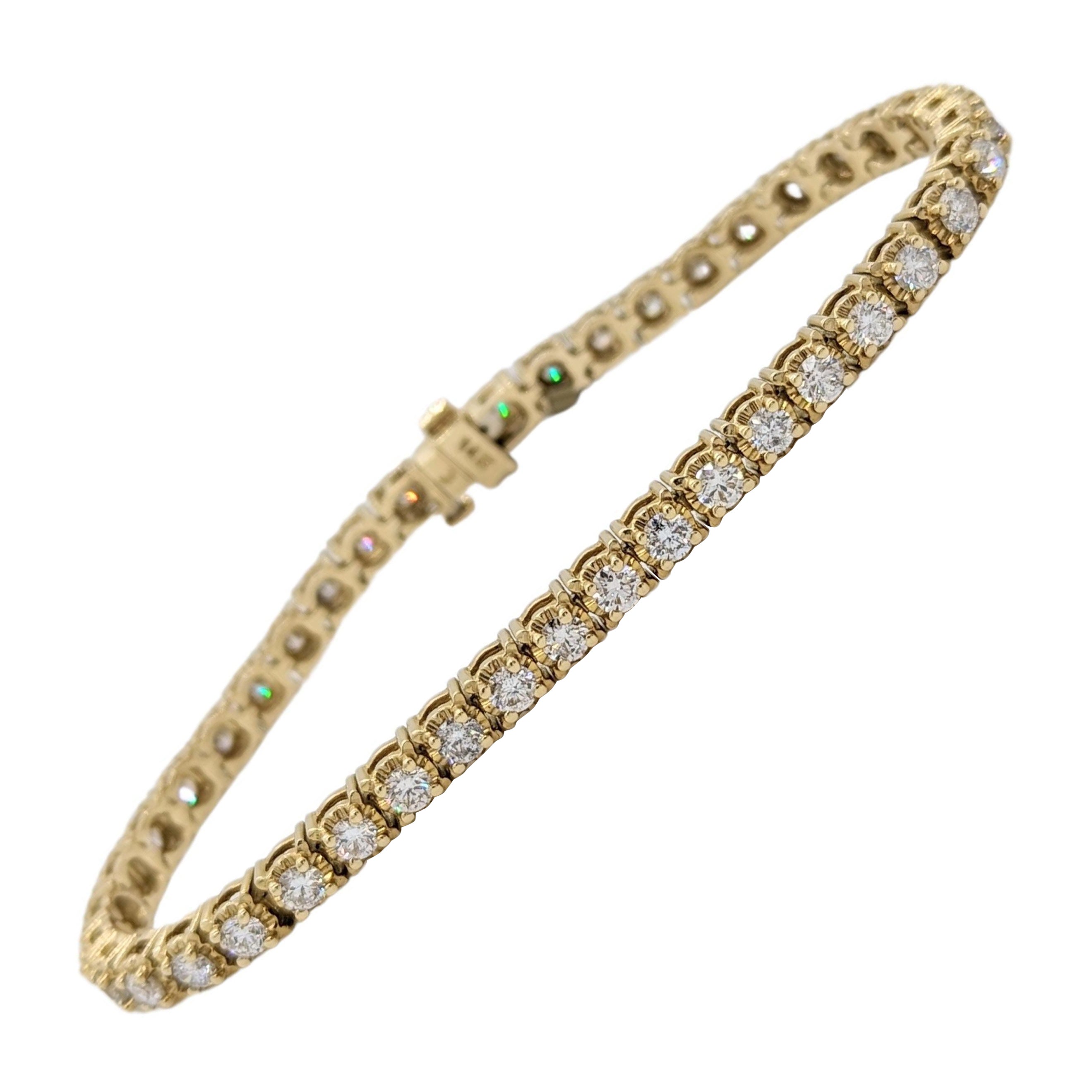 White Diamond and Ruby Tennis Bracelet in 14K Yellow Gold For Sale