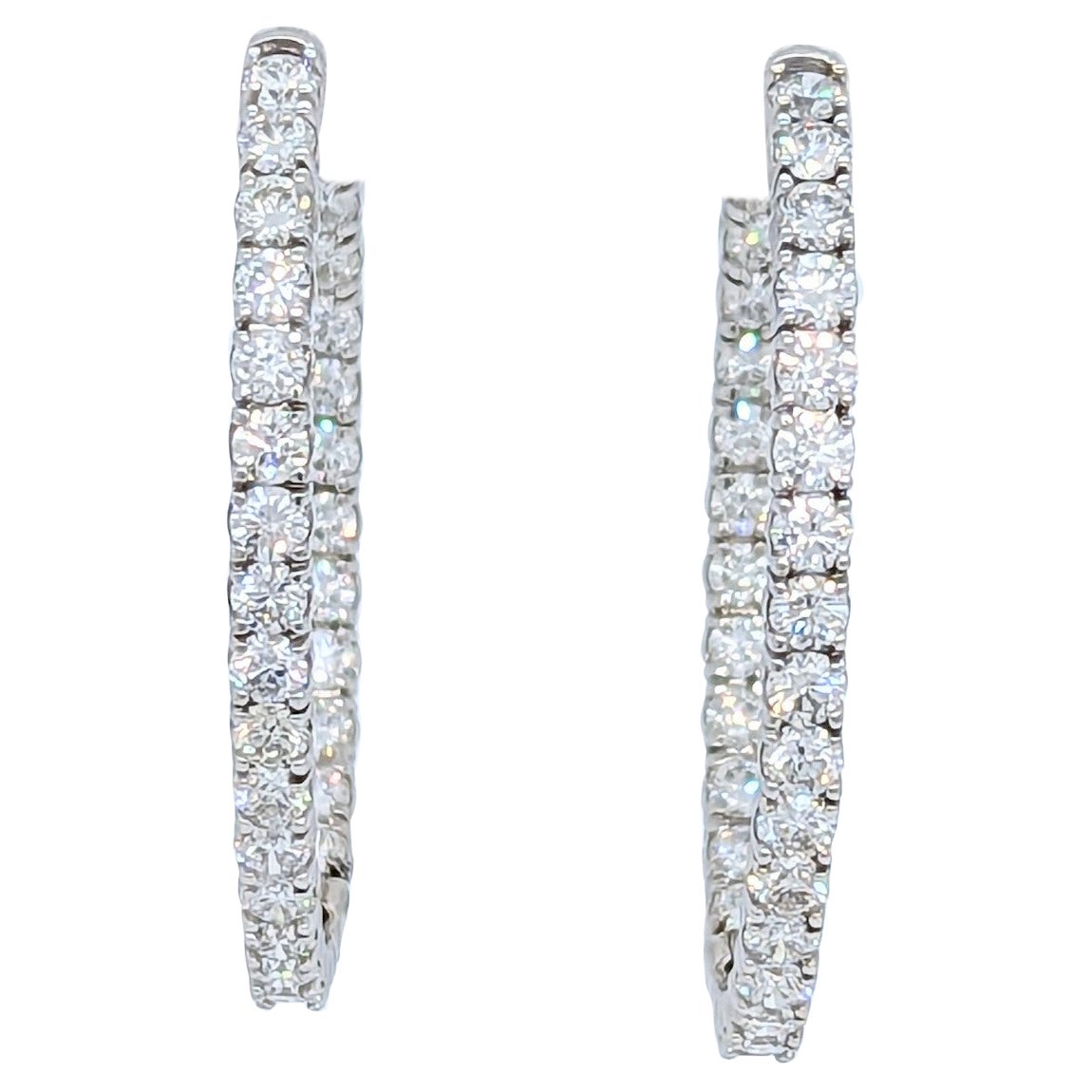 White Diamond Round Oval Shape Hoop Earrings in 14K White Gold For Sale