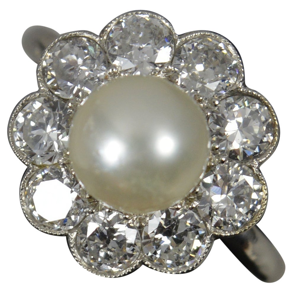Stunning Edwardian Platinum Pearl and 2ct Old Cut Diamond Cluster Ring