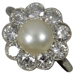 Antique Stunning Edwardian Platinum Pearl and 2ct Old Cut Diamond Cluster Ring