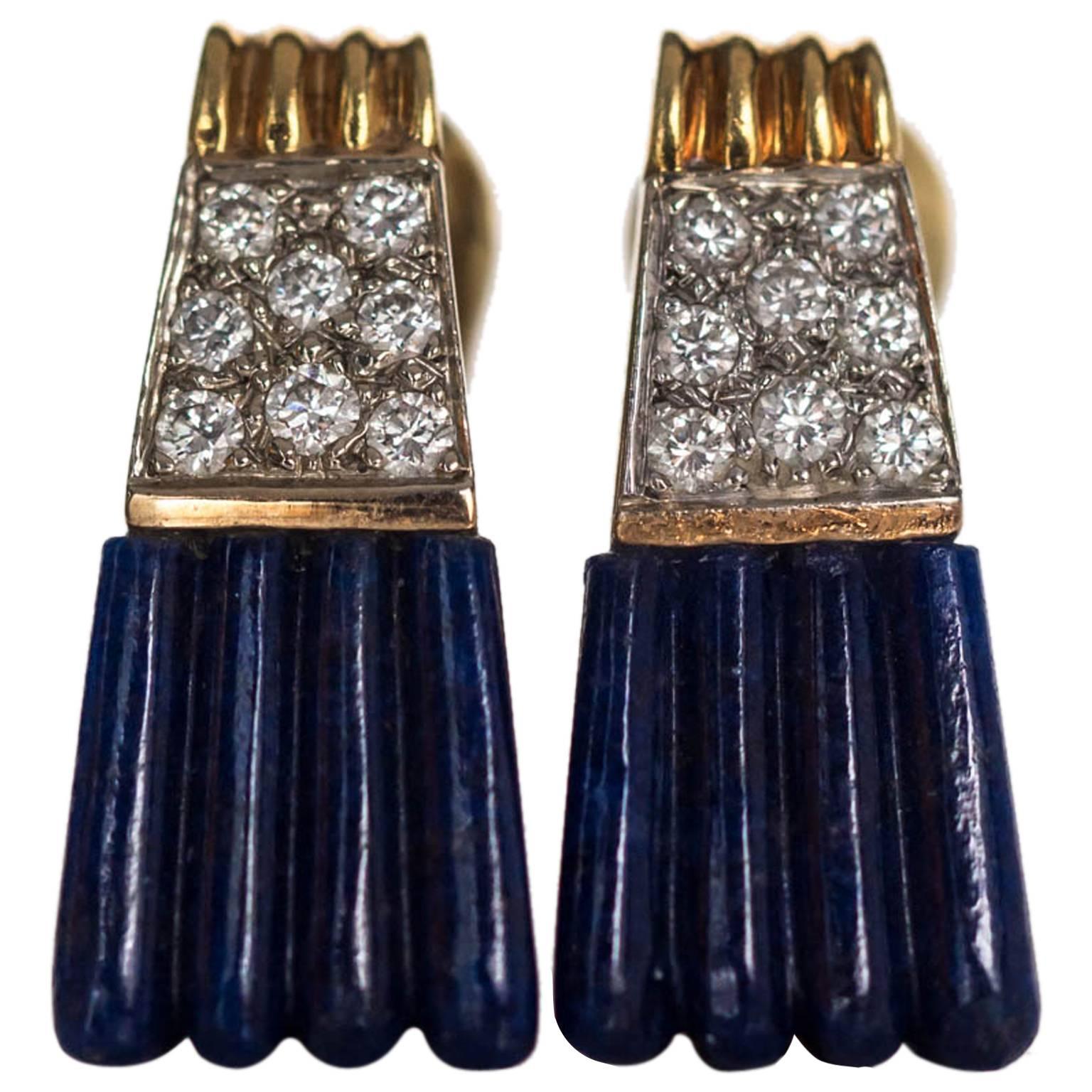 1970s 18K Yellow Gold Lapis & Diamond Retro Earrings