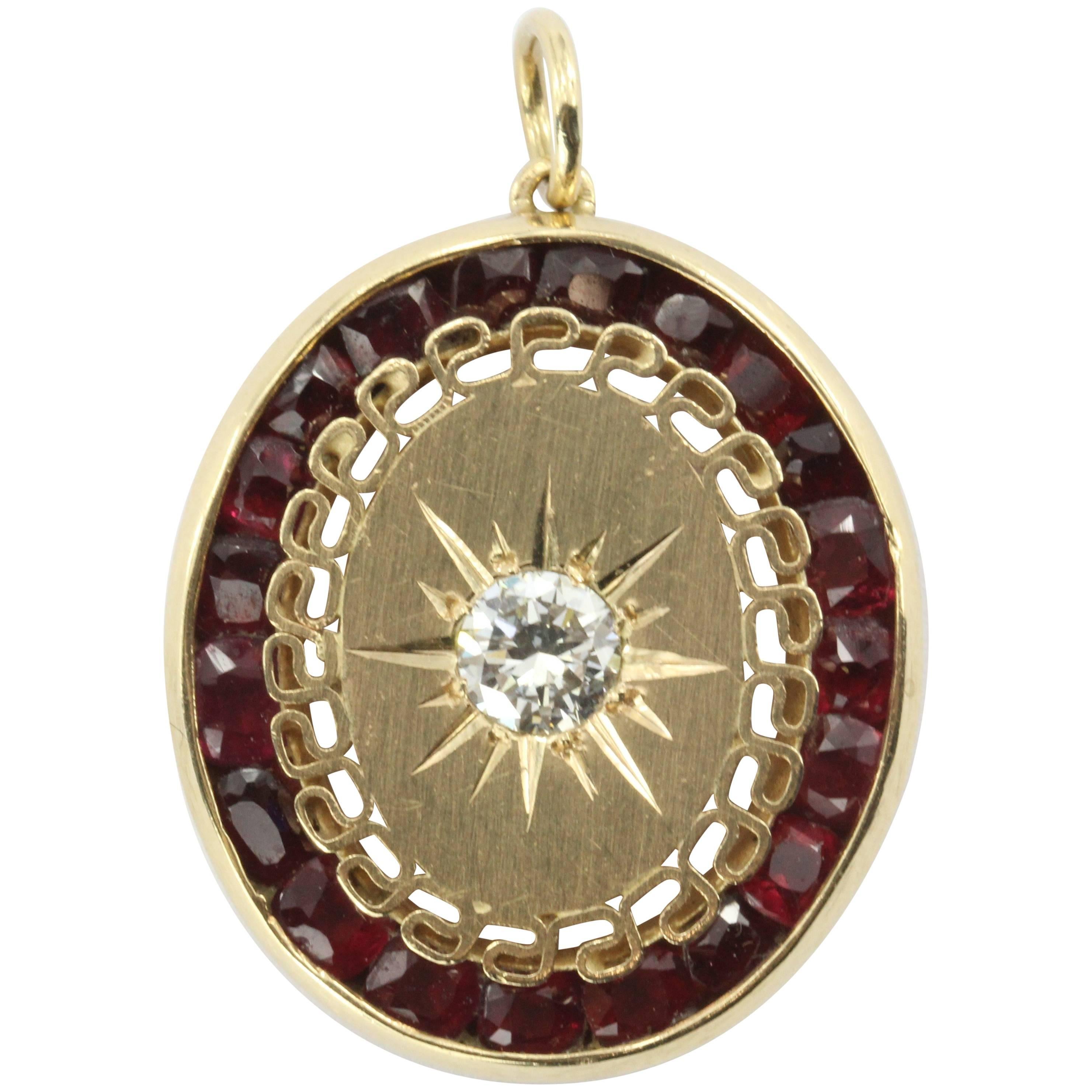 Victorian Revival Ruby Diamond Gold Pendant