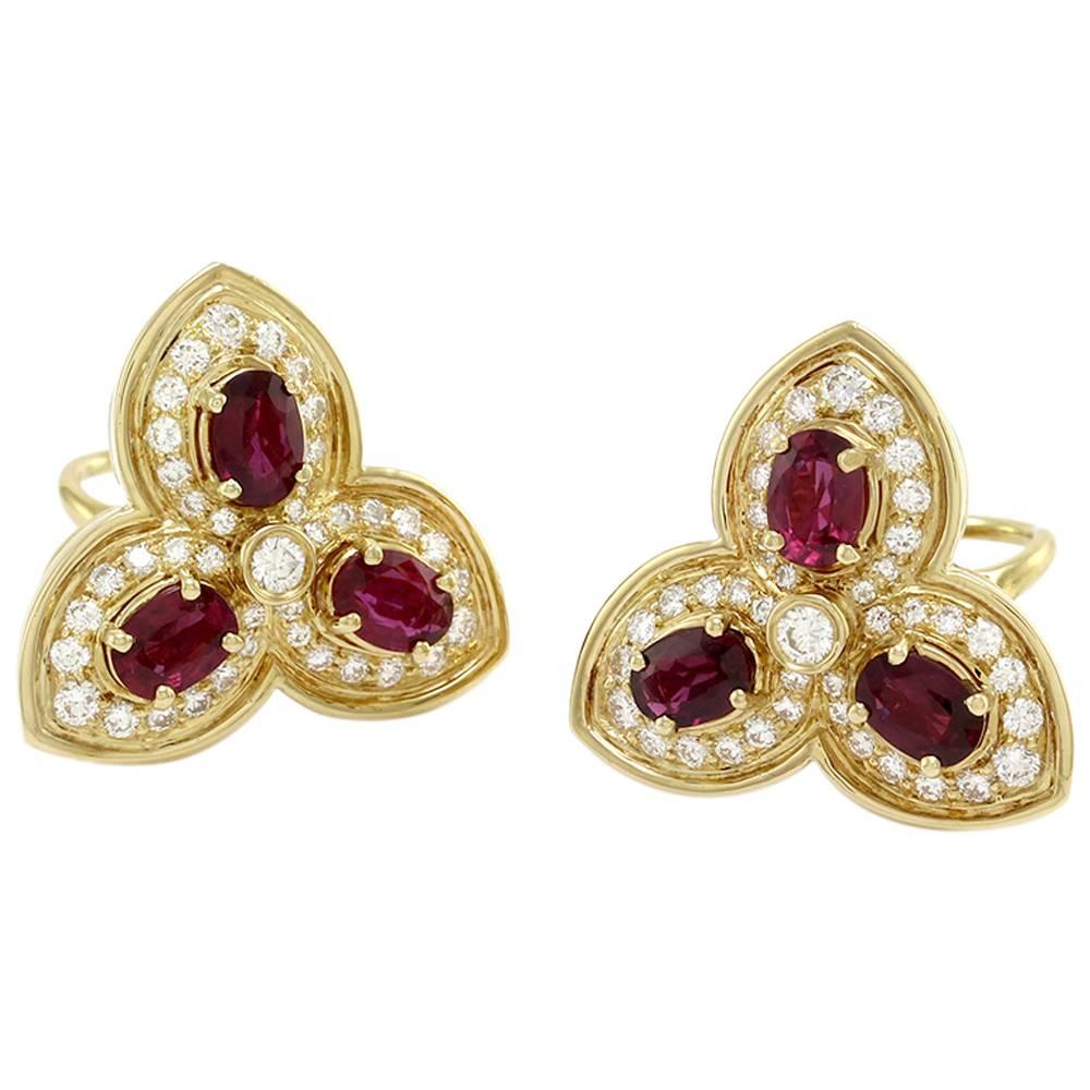 Hammerman Brothers Ruby Pave Diamond Gold Trefoil Earrings  For Sale