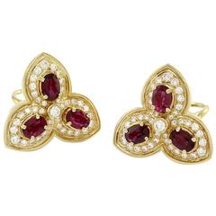 Hammerman Brothers Ruby Pave Diamond Gold Trefoil Earrings 