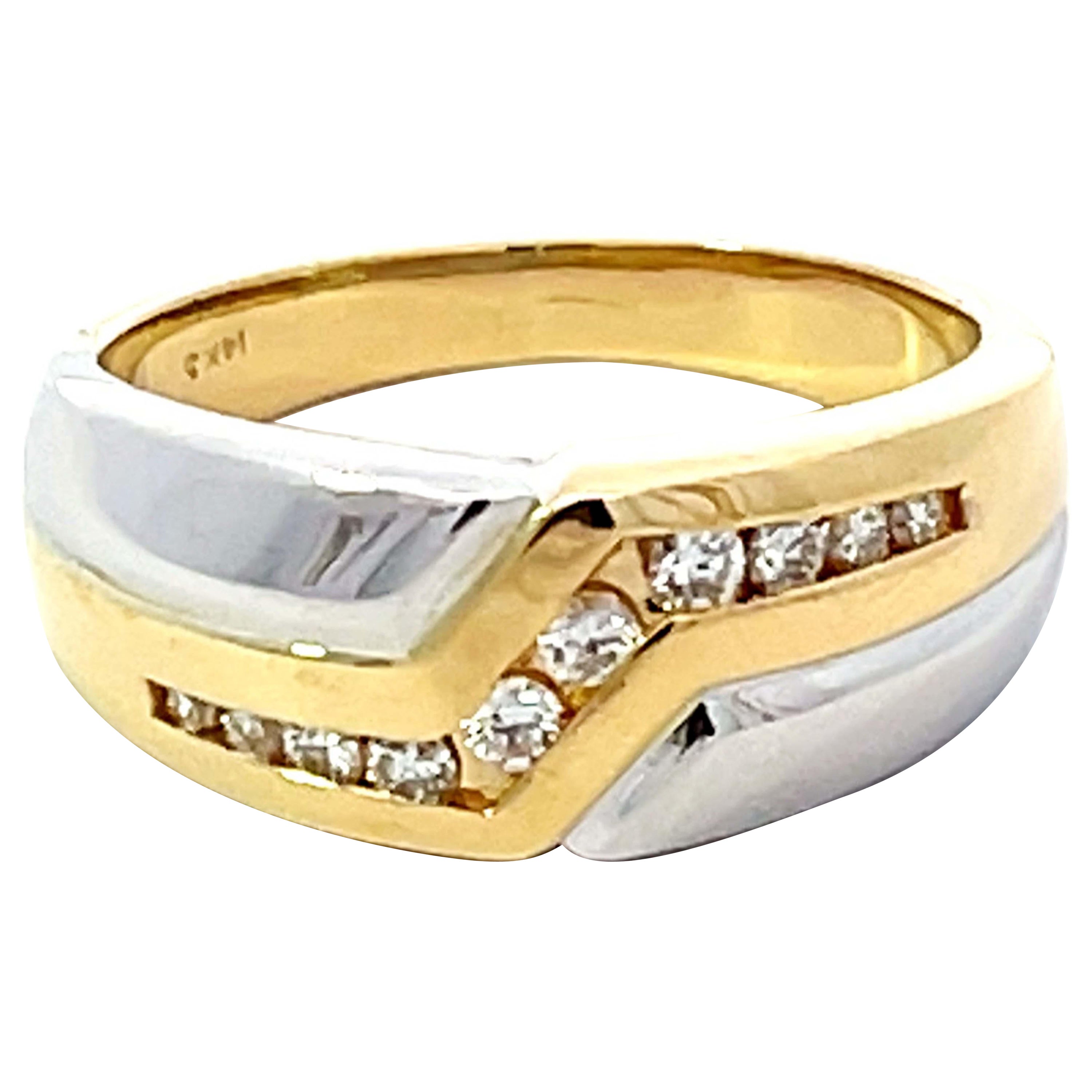 Two Toned Gold Mens Ring with Diamonds 14K Yellow Gold For Sale