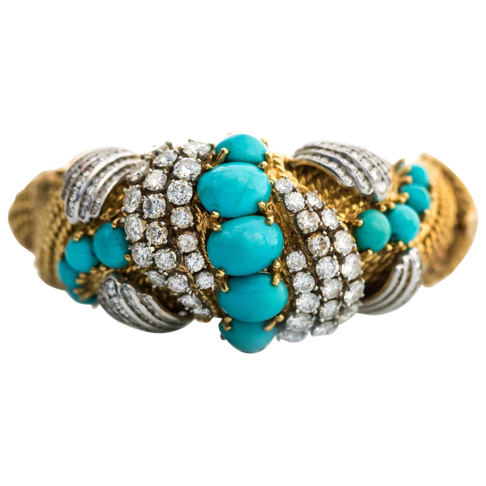 1950s 18 Karat Yellow Gold, Diamond, Persian Turquoise Bangle Bracelet