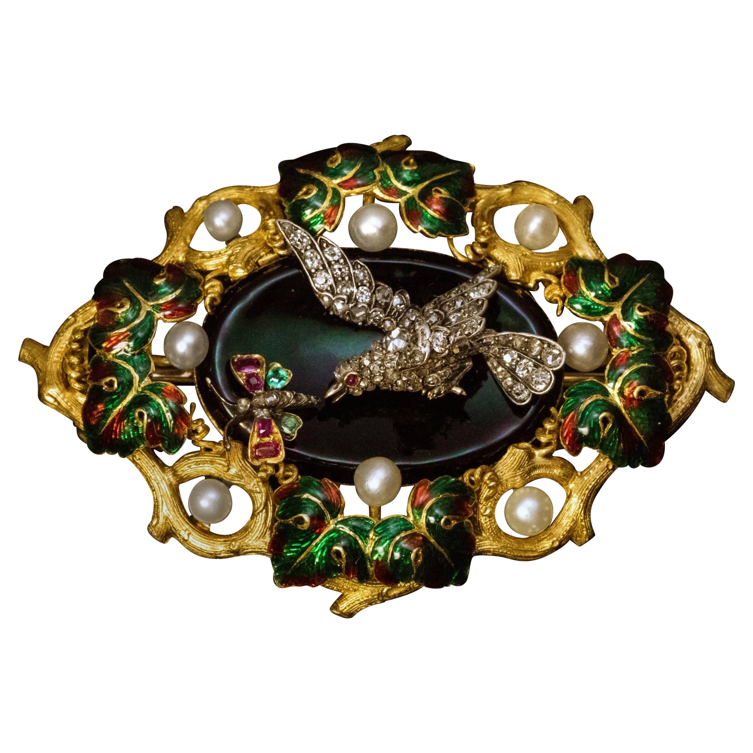 1840s Large Jeweled Gold Enamel Brooch For Sale