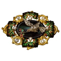 1840s Large Jeweled Gold Enamel Brooch