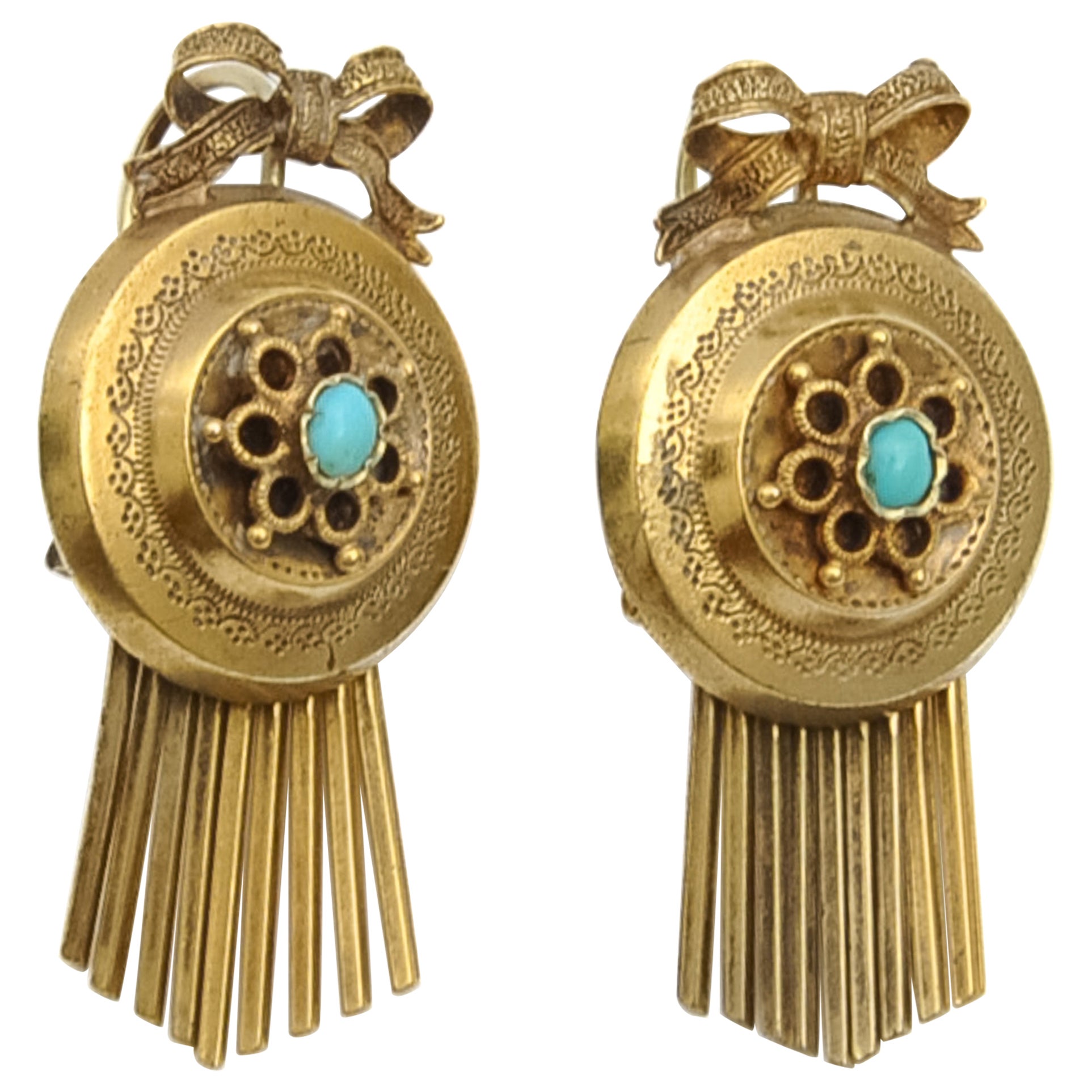 Boucles d'oreilles pendantes victoriennes antiques à franges en or et turquoise 