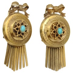 Antique Victorian Turquoise Gold Fringe Dangle Earrings 