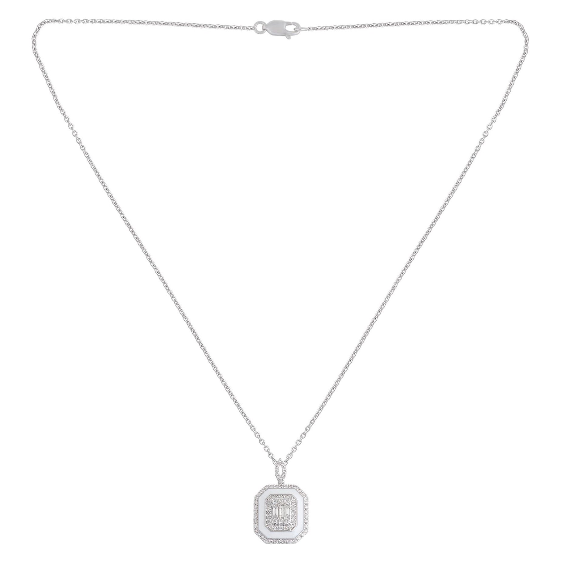 0.55 Carat Diamond Pave Charm White Enamel Pendant Necklace 14 Karat White Gold