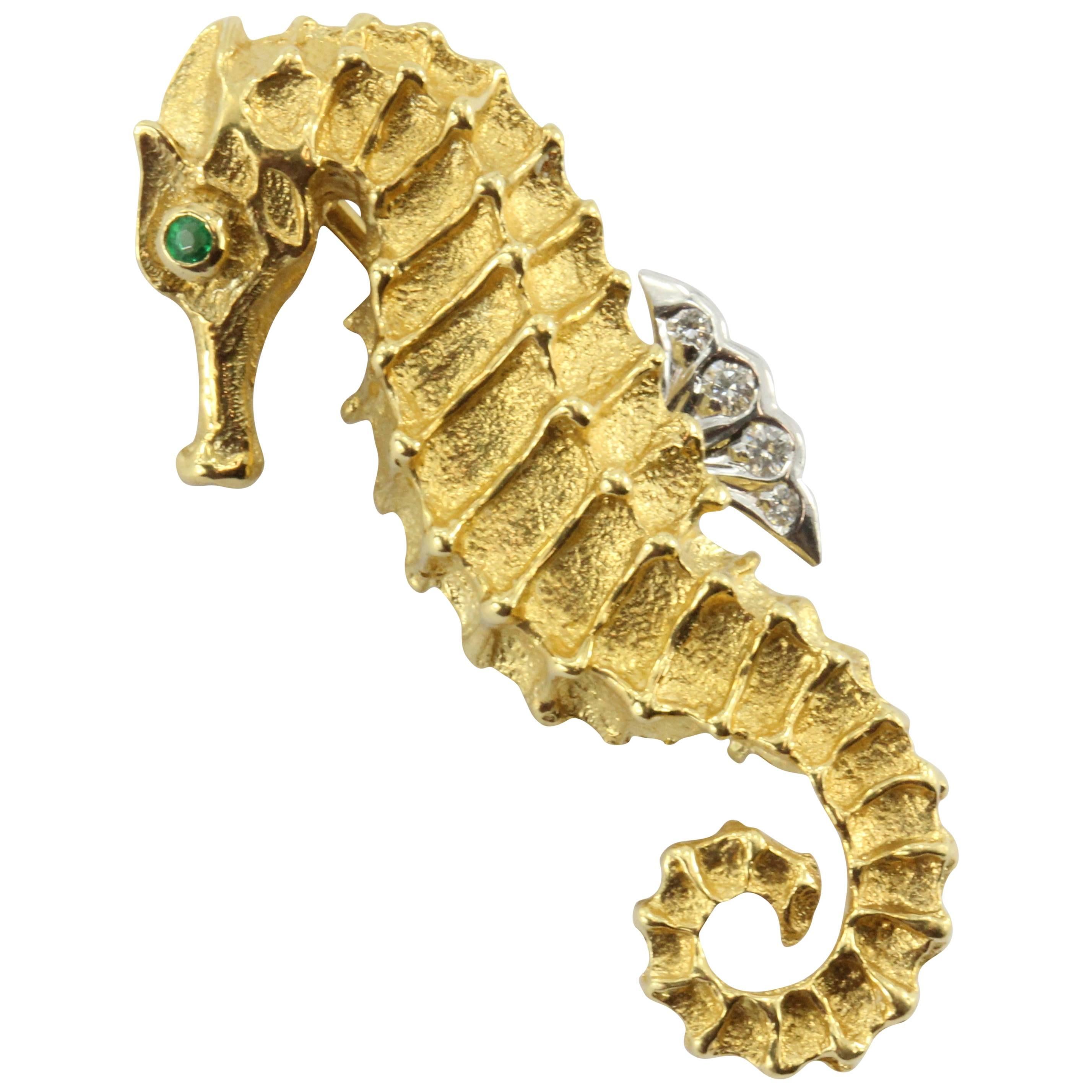 Tiffany & Co. Emerald Diamond Gold Seahorse Brooch