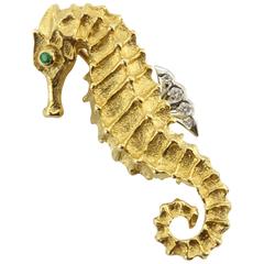 Vintage Tiffany & Co. Emerald Diamond Gold Seahorse Brooch