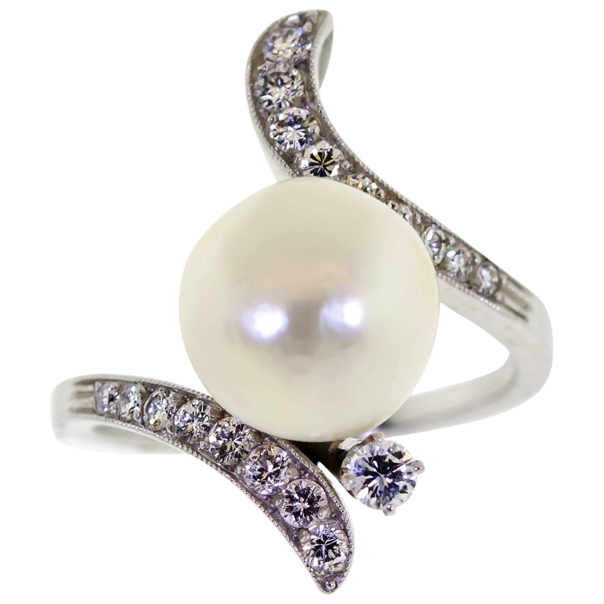 Vintage Platinum Cultured Pearl & Diamond ring For Sale