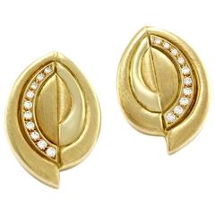 Burle Marx Modernist Pave Diamond Gold Clip-on Earrings