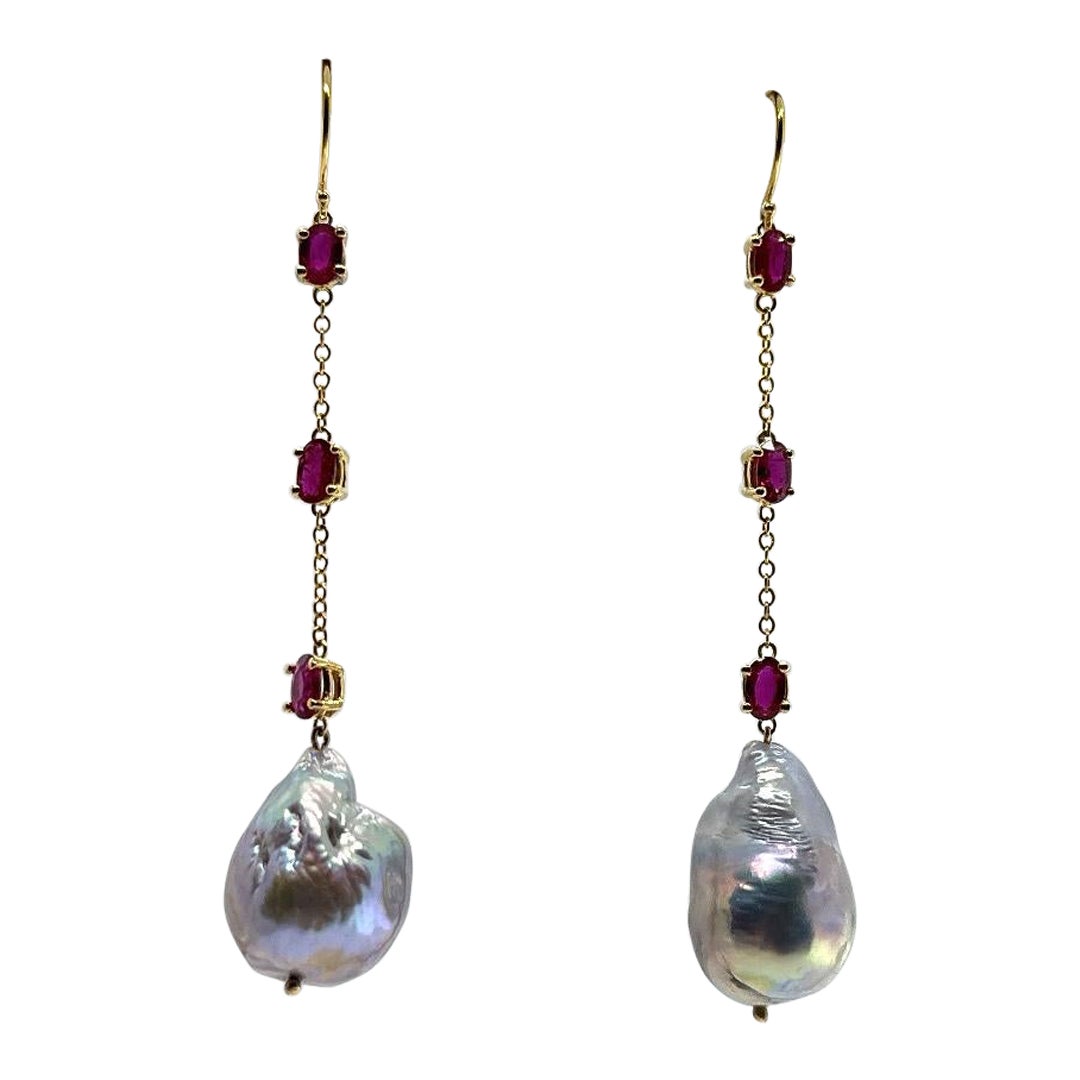 3.48 Carat Ruby Drop earring with Grey Baroque Pearls For Sale