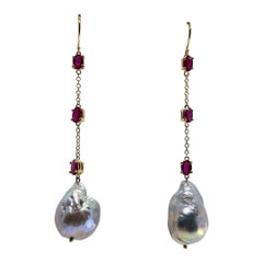 3.48 Carat Ruby Drop earring with Grey Baroque Pearls