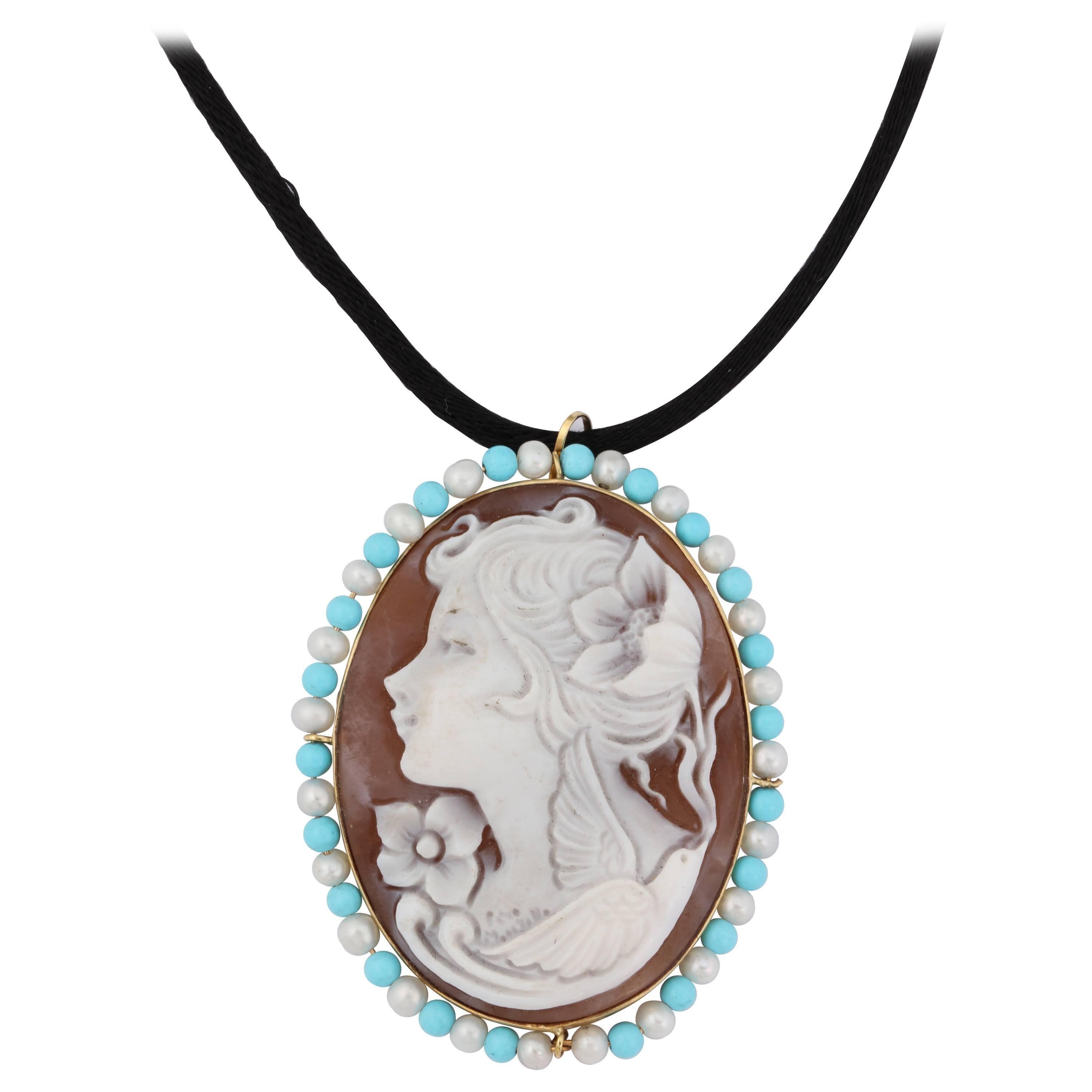 Amedeo "Positano" Cameo Turquoise  Pearls Brooch Pendant For Sale