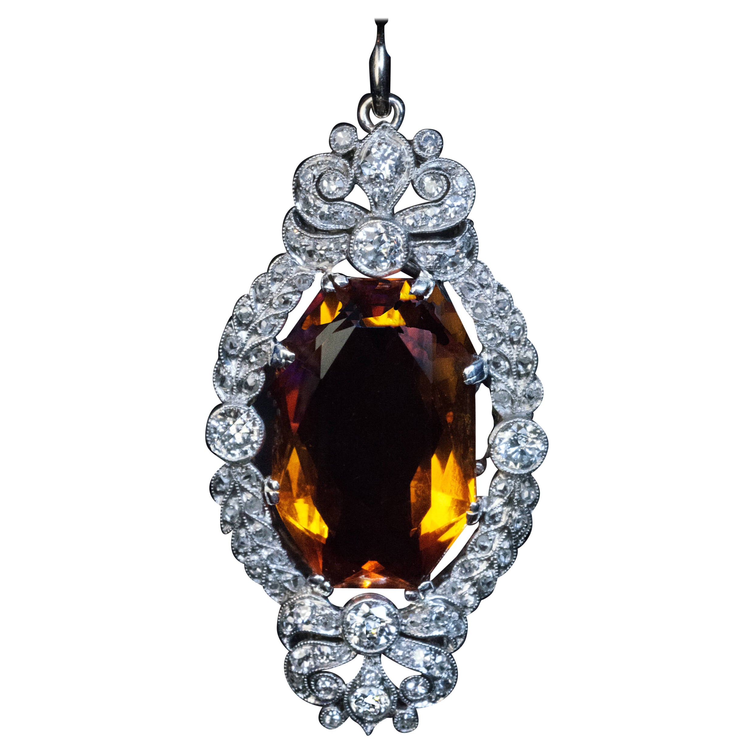 Belle Epoque Antique Citrine Diamond Platinum Pendant For Sale