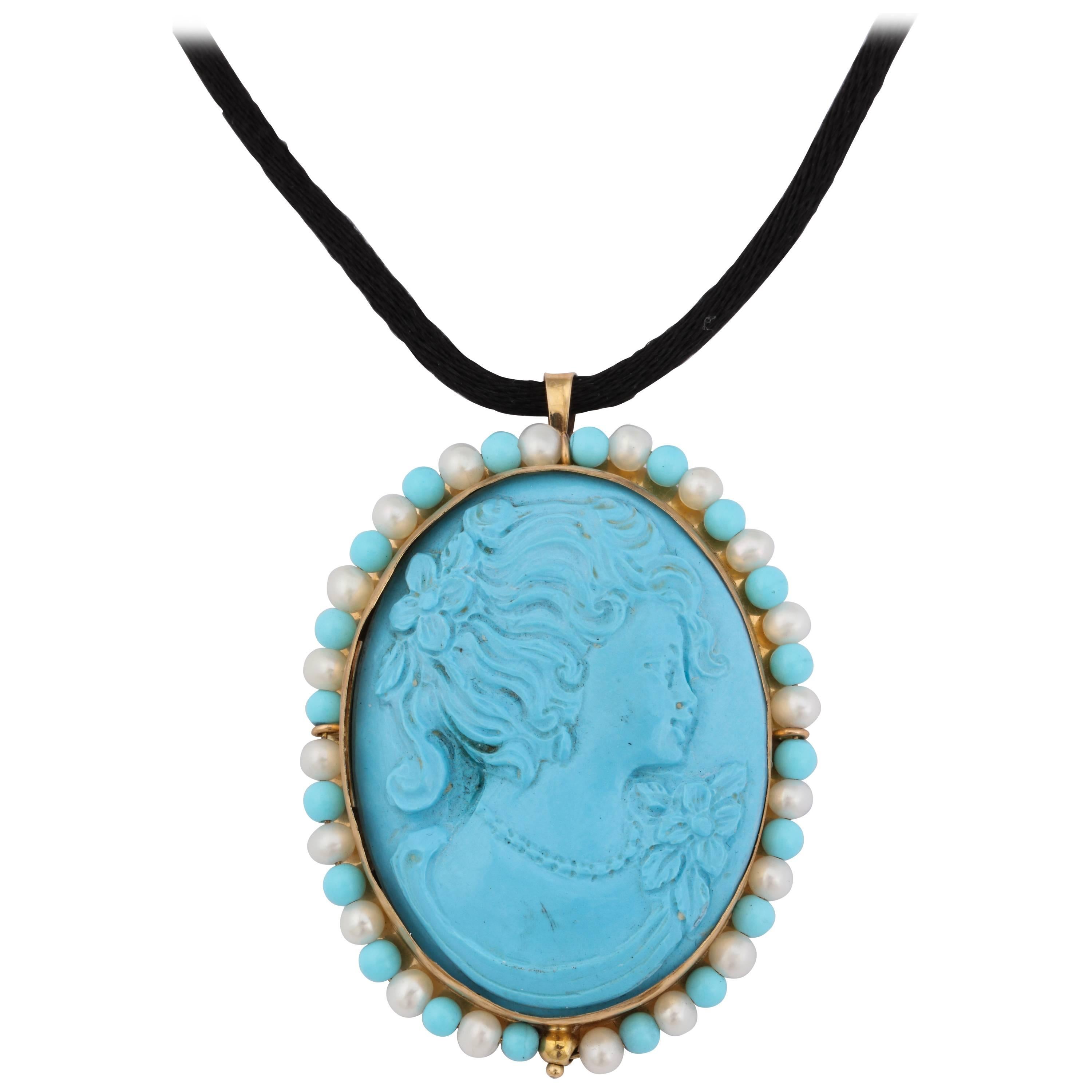 Amedeo "Amalfi" Cameo Turquoise Pearls Brooch Pendant For Sale