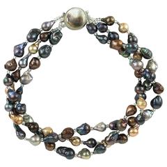 Triple Strand of Multi Color Baroque Pearls Necklace 