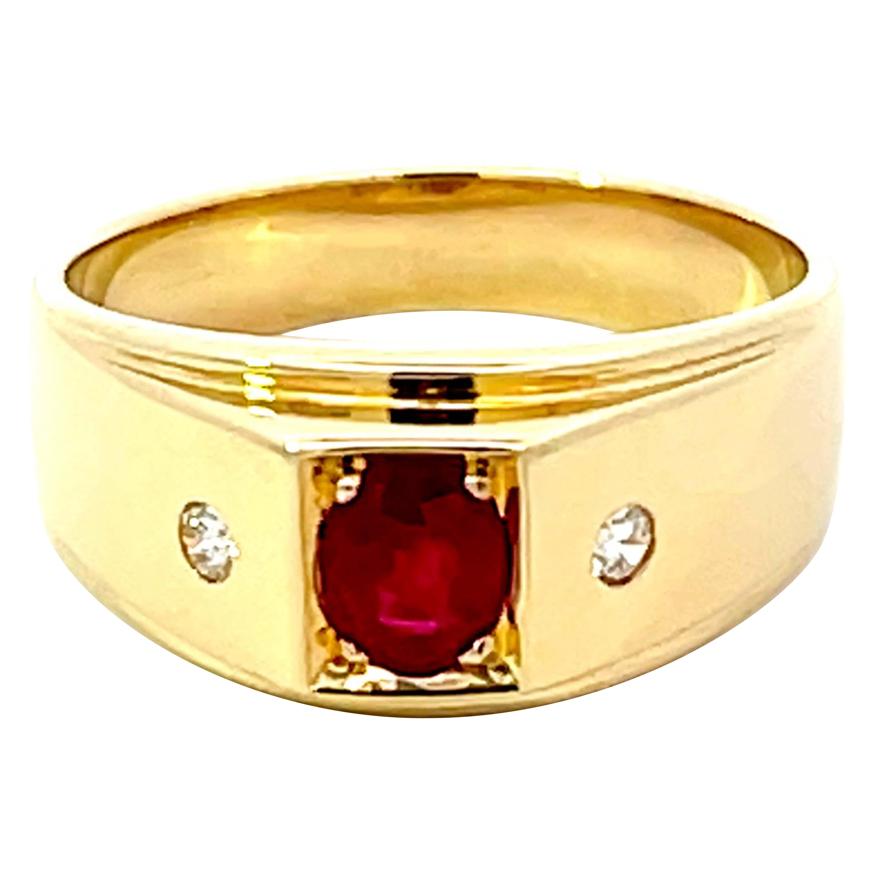 Oval Burma Red Ruby and Diamond Ring 18k Yellow Gold For Sale
