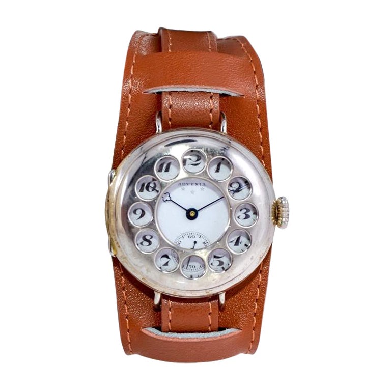 Juvenia Sterling Silver Campaign Style Rotary Phone Bezel Manual Wristwatch For Sale