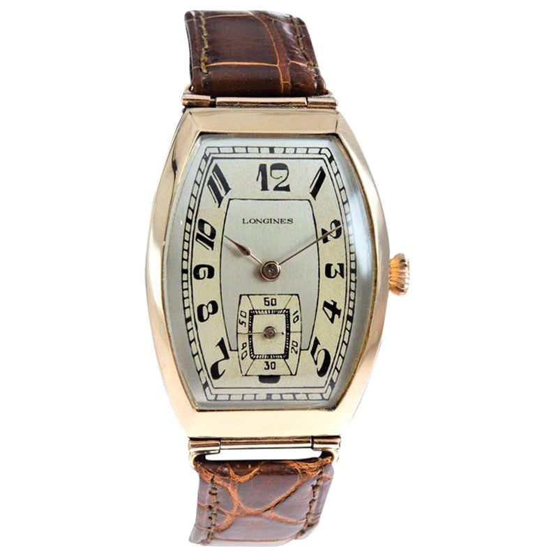 Longines 14 Karat Rose Gold Russian Style Tonneau Shaped Wristwatch ca Mid Teens For Sale