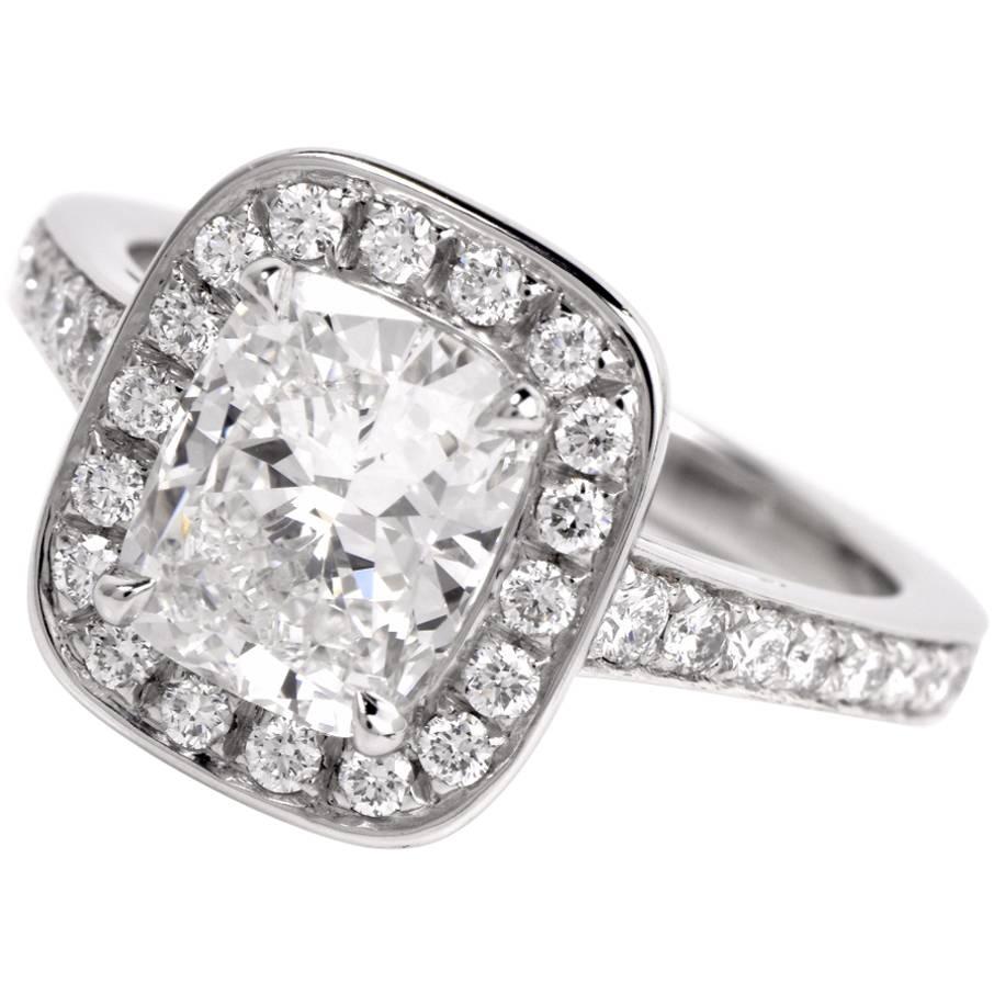 2.02 Carat GIA Cert Halo Cushion Diamond Platinum Engagement Ring