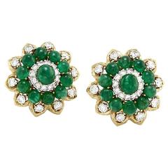 David Webb Emerald Diamond Gold Platinum Cluster Earrings